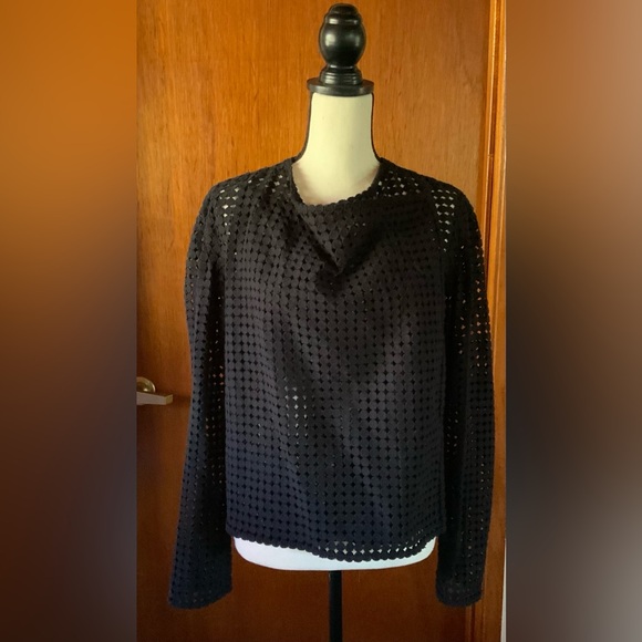 $298 ELIE TAHARI M Black Harla Perforated Cascade Jacket Sheer Spring Open Knit - Picture 6 of 14